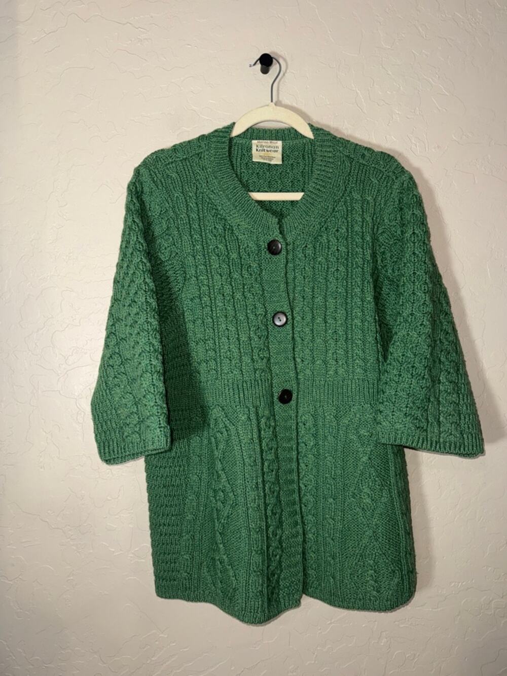 Kilronan knitwear 100% merino wool made in Ireland 3/4 sleeve cardigan sweater